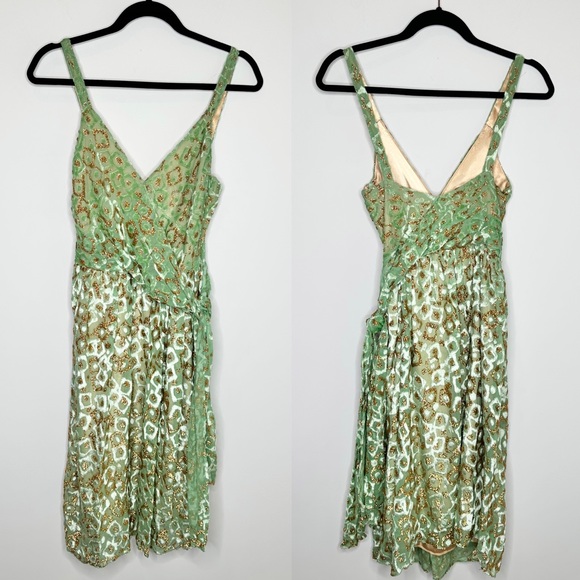 Milly Dresses & Skirts - Milly Green Metallic Gold Leopard Print Silk Faux Wrap Dress